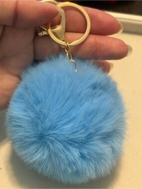 Blue Faux Fur Pom Pom Keychain with Gold Hardware
